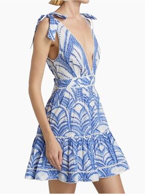 Poupette St. Barth Blue and White Tie-Shoulder Mini Dress